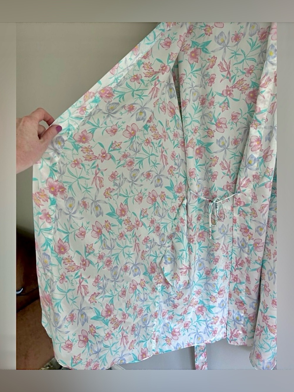 Vintage Pastel Botanical Satin Kimono Robe Cottagecore Whimsy Romantic Bridal OS - Picture 6 of 12
